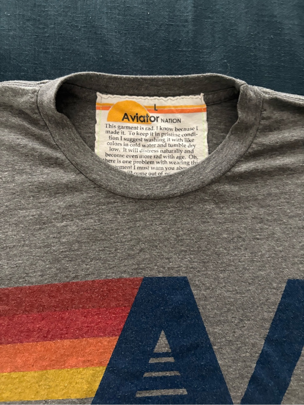 Aviator Nation Unisex Grey Logo Graphic Tee - Retro Stripe - Picture 2 of 4